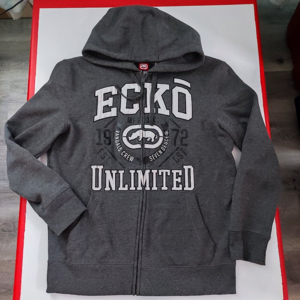 Ecko Unlimited full zip hoodie grey with graphic design men's size S